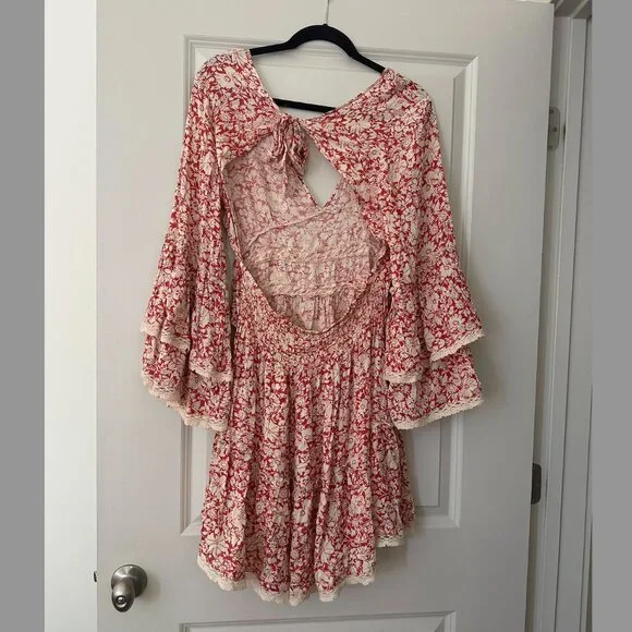 Free People Kristall Berry Red Floral Print Bell Sleeve Mini Dress - Picture 2 of 4